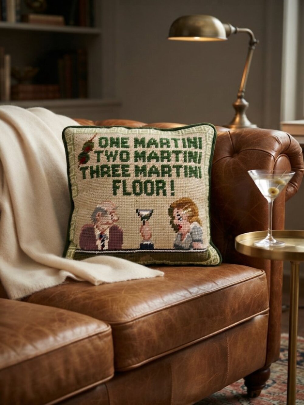 Needlepoint Throw Pillow One Martini Two Martini Three Martini Floor! Vintage